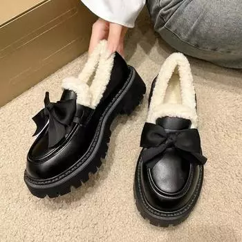 Женская обувь на плоской подошве с круглым носком, повседневные женские кроссовки, лоферы без шнуровки, меховое платье, зимнее ретро 35 чёрный