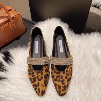 Женская обувь на плоской подошве с острым носком дизайнерская неглубокая осень 2024 года трендовая кристальная роскошь неглубокая элегантная новая женская обувь Zapatos 35 цветной печати леопарда