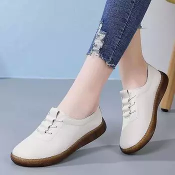Женская обувь на плоской подошве с широкой посадкой, корейский стиль, удобные лоферы без шнуровки из натуральной кожи высокого качества из воловьей кожи для беременных и беременных 35 бежевый
