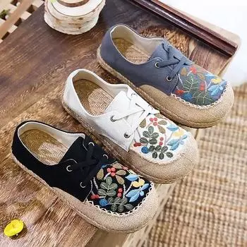 Женская обувь на плоской подошве с вышивкой и круглым носком из хлопка и льна с цветочным принтом в стиле ретро, лаконичная удобная женская обувь для отдыха для отдыха 35 чёрный