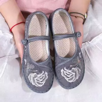 Женская обувь на плоской подошве с вышивкой, этническая мягкая подошва, китайская женская повседневная прогулочная обувь 35 серый