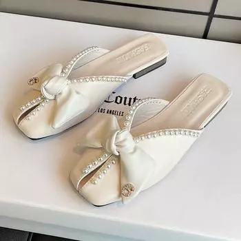 Женская обувь на плоской подошве, тапочки с бисером, новые трендовые весенние сандалии с бантом, повседневные женские шлепанцы с открытой пяткой, шлепанцы с квадратным носком Femme 41 бежевый