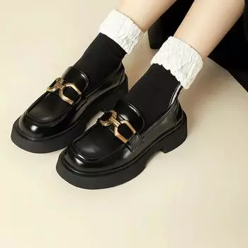 Женская обувь на плоской подошве, женские лоферы, туфли без шнуровки, повседневная кожаная обувь с металлической цепочкой 36 чёрный