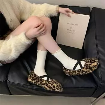 Женская обувь на резинке, женские балетки, модные теплые пушистые туфли с неглубоким круглым носком, женские туфли Мэри Джейн на плоской подошве, меховые туфли 35 чёрный