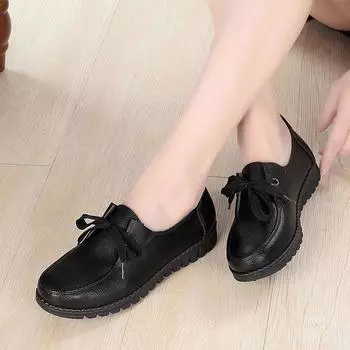 Женская обувь на шнуровке в стиле ретро. Удобные туфли на плоской подошве. Повседневная рабочая обувь из мягкой кожи, осень и зима. 35 чёрный