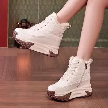 Женская обувь на шнуровке, высокие женские зимние сапоги на платформе, элегантные черные туфли на каблуке со шнурками, противоскользящие, удобные, плюшевые 35