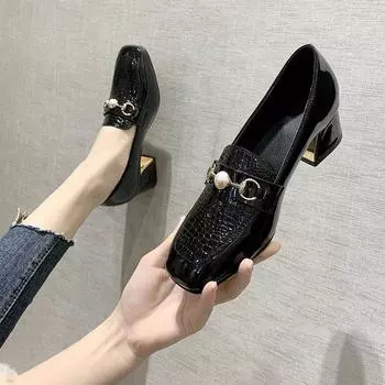 Женская обувь на среднем каблуке, одинарные туфли с квадратным носком и блочным каблуком, удобная женская обувь, новая осенняя универсальная рабочая обувь с глубоким носком 35 чёрный