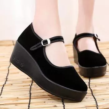 Женская обувь на танкетке, женские туфли на платформе, черные рабочие парусиновые туфли Мэри Джейн на каблуке 6 см с пряжкой и ремешком 36 чёрный