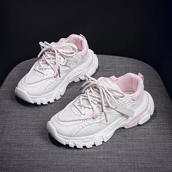 Женская обувь на толстой подошве и тонкие кроссовки в стиле «папа», осень, новая универсальная сетчатая дышащая повседневная спортивная обувь для бега, маленькие белые кроссовки 35