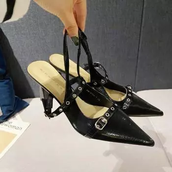 Женская обувь на тонком высоком каблуке весна-лето модные женские босоножки с острым носком вечерние шлепанцы элегантная обувь женские туфли-лодочки 34 чёрный