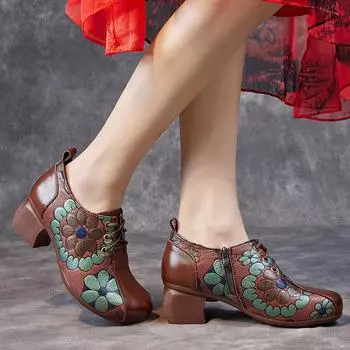 Женская обувь на весну и осень, массивный каблук, нескользящая мягкая подошва, одинарные туфли из коровьей кожи с круглым носком 35 красный