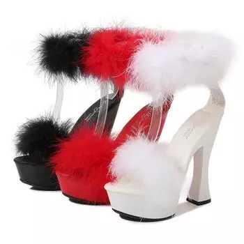 Женская обувь на высоком каблуке для ночного клуба, однотонная обувь на толстом каблуке из норки, Fairy Catwalk, серия 1106, каблук 14 см, платформа 4 см, LFD 34 белый