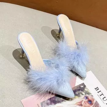 Женская обувь на высоком каблуке, Лидер продаж, модные летние тапочки, модные однотонные однотонные шлепанцы на тонком каблуке с острым носком, уличная женская обувь 34