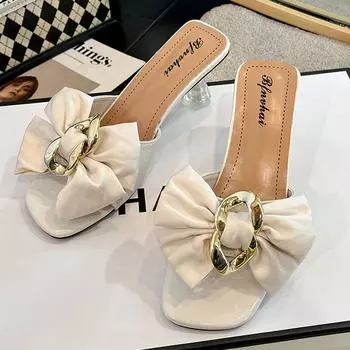 Женская обувь на высоком каблуке, новые трендовые весенние сандалии с бантом, модные туфли-лодочки, женские шлепанцы с открытой пяткой, повседневные пляжные тапочки Femme