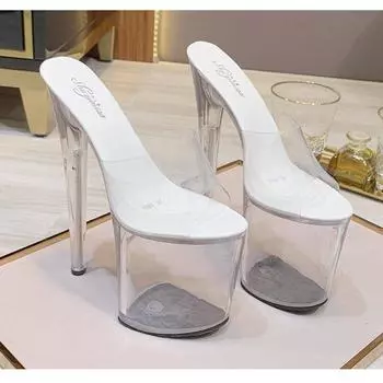 Женская обувь на высоком каблуке с кристаллами на тонком каблуке, пикантная водонепроницаемая модель на платформе для ночного клуба, для выступлений на сцене, каблук 20 см, платформа 10 см, LFD 34 белый