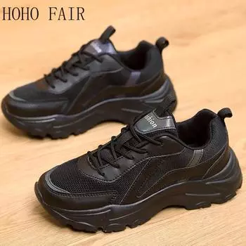 Женская обувь на высоком каблуке с толстой подошвой, весенне-осенняя женская резиновая легкая спортивная обувь для бега на открытом воздухе для фитнеса и улицы 35 чёрный