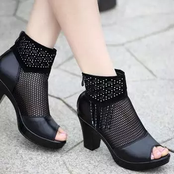 Женская обувь на высоком каблуке с водонепроницаемой замшевой обувью Diamond Zipper Design Женская мода на платформе 35 чёрный