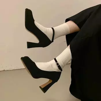 Женская обувь на высоком каблуке, толстые замшевые сексуальные туфли-лодочки, весна-осень, женские, новые тенденции, дизайнерские, элегантные, Zapatillas De Mujer 35 чёрный