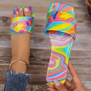 Женская обувь, новинка 2024 года, модные базовые женские тапочки, летние уличные тапочки на плоской подошве с квадратным носком, цветные тапочки 35 синий