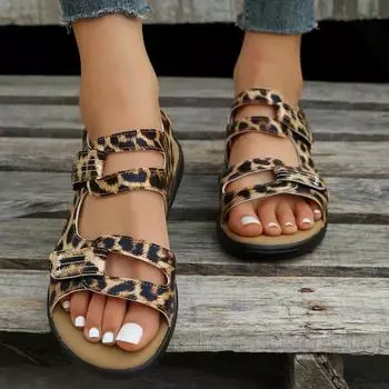 Женская обувь, новинка 2024 года, модные женские сандалии с леопардовым принтом в стиле ретро, летние уличные повседневные женские уличные туфли на плоской подошве в римском стиле с открытым носком 35 белый