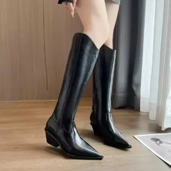 Женская обувь, новинка 2024 года, сексуальные черные высокие сапоги с острым носком, зимние теплые модные ботинки, простые универсальные женские сапоги до колена 40 чёрный