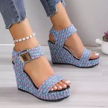 Женская обувь, новинка 2024 года, женские сандалии на танкетке, летние модные сандалии на высоком каблуке, повседневные сандалии на платформе, женская обувь больших размеров 35 чёрный