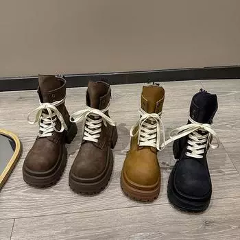 Женская обувь Новые ботинки челси на платформе Женские ковбойские ботильоны Винтажные мотоциклетные туфли на молнии со шнуровкой Осень/Зима 35