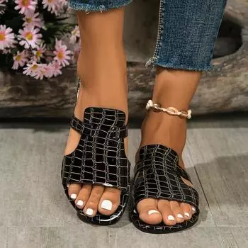 Женская обувь Новые летние сандалии с квадратной головкой и крестом на плоской подошве Простые шлепанцы Женские тапочки Пляжные тапочки Каменный узор 36