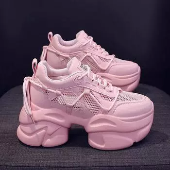 Женская обувь, новые летние сетчатые дышащие кроссовки с толстой подошвой, универсальные, маленькие и высокие 34 чёрный