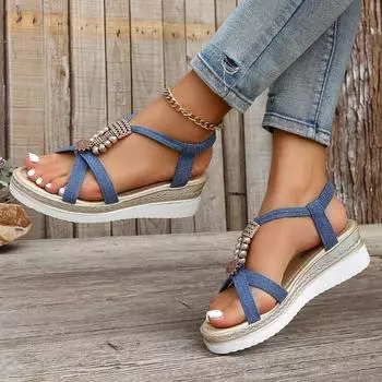 Женская обувь Новые летние женские сандалии с эластичной резинкой, джинсовые, синие, с металлическими украшениями, бусины, водонепроницаемые сандалии на платформе 36 джинсовый синий