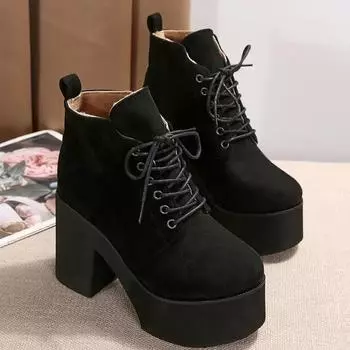 Женская обувь, новые женские ботинки на шнуровке, осенние, с круглым носком, замшевые, однотонные, короткие, на платформе, с толстым каблуком, модные ботинки 36