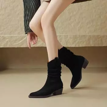 Женская обувь Новые женские сапоги до середины икры Модные современные сапоги без застежек Женские горячие продажи Туфли с круглым носком и квадратным каблуком Женские 36