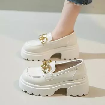 Женская обувь осень новая мода круглая головка металлический декор фирменный дизайн лоферы повседневные повседневные универсальные женские туфли на высоком каблуке 35