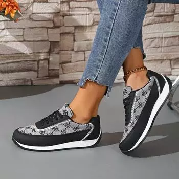 Женская обувь осень-зима 2024 года, новые повседневные спортивные туфли большого размера с цветочным принтом и шнуровкой, подходящие по цвету, из дышащей ткани 36 хаки