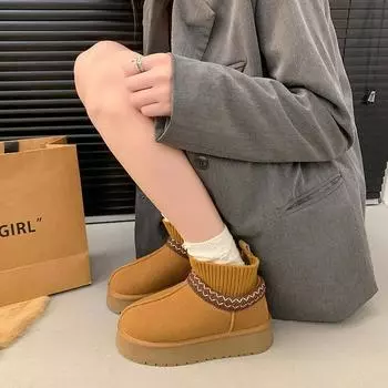 Женская обувь осень-зима 2025 года из кашемира и толстого трикотажа, повседневные короткие женские туфли-трубы из хлопка 35 малиновый