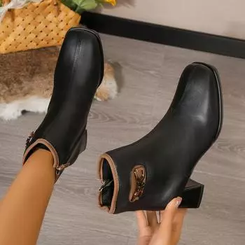 Женская обувь осень-зима новые удобные универсальные ботинки женские повседневные квадратные носки толстые каблуки однотонные высокие каблуки женские ботинки 35 бежевый