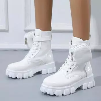 Женская обувь, осенние ботильоны с карманами, дизайн, женская толстая подошва, круглый носок, шнуровка, британская мода, зима, женская, большие размеры 2024 35 белый