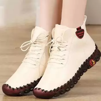 Женская обувь Осенние мокасины Кроссовки на шнуровке Повседневные туфли на плоской подошве Ботинки с мягкой подошвой Кожаные высокие кроссовки Женская обувь 2024 35 бежевый