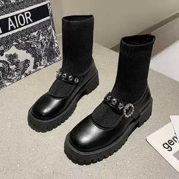 Женская обувь Осенние новые вязаные дышащие женские носки сапоги корейская мода стиль Мэри Джейн сапоги на толстой подошве Zapatos 35