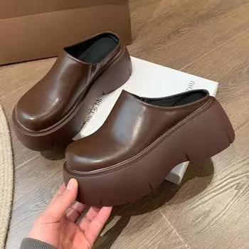 Женская обувь Осенние туфли на толстой подошве с завышенной талией Кожаные тапочки Туфли на платформе Туфли на толстом каблуке Туфли на плоской подошве Туфли с увеличенным каблуком 35 чёрный