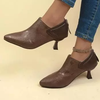 Женская обувь Осенние женские ботильоны Элегантные коричневые короткие смешанные кожаные тонкие маленькие каблуки с черным принтом Cusp Winter 35
