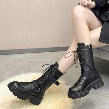 Женская обувь Осенняя мода Новые мотоциклетные ботинки Черные толстые с пряжкой на ремне до середины голени Botas Femininas Ботинки в стиле панк 35 чёрный
