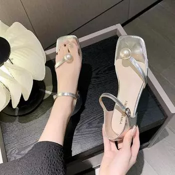 Женская обувь Pearl, лето 2024, римский стиль, открытый носок, одно слово, с ремешком, блочный каблук, черные уличные сандалии для женщин, пряжки, распродажа 35 чёрный