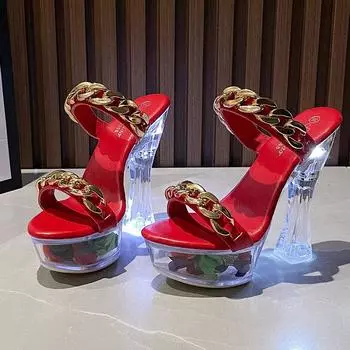 Женская обувь, пикантные шлепанцы на высоком каблуке со светящейся металлической пряжкой и кристаллами, серия 10365, каблук 14 см, платформа 4 см, LFD 34 чёрный