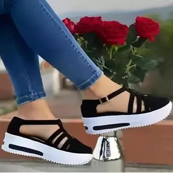 Женская обувь повседневная толстая подошва увеличивающая рост сандалии Baotou полые 36 чёрный