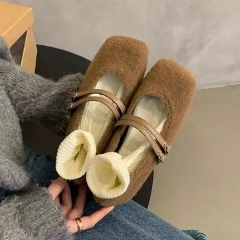 Женская обувь Повседневная женская обувь Кроссовки Лоферы Меховая корейская обувь Осенние универсальные туфли на плоской подошве с круглым носком 2024 Осень-зима Удобные новые 35