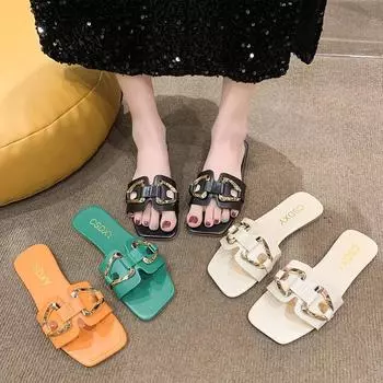 Женская обувь, повседневные тапочки больших размеров на плоской подошве с металлической пряжкой, новинка весны и лета 2024, пляжная обувь для женщин 35 зелёный