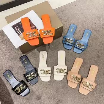 Женская обувь, повседневные тапочки на плоской подошве с металлической пряжкой больших размеров, новые летние пляжные туфли для женщин, шлепанцы 35 оранжевый