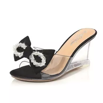 Женская обувь, прозрачные летние женские босоножки на танкетке со стразами и бантом, сексуальные сандалии серии 1098, каблук 8 см, LFD 34 чёрный