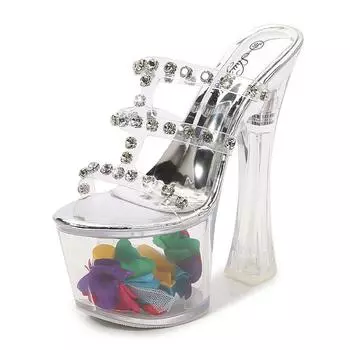 Женская обувь, прозрачные сексуальные сандалии для ночного клуба, очень высокий каблук со стразами, каблук 18 см, каблук 8 см, платформа LFD 34 серебряный
